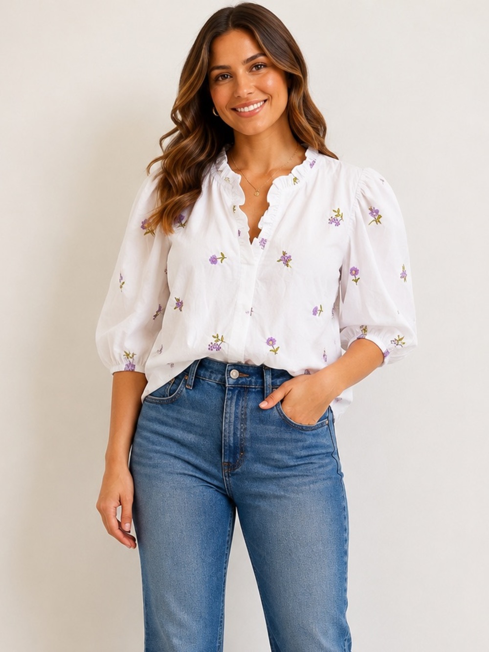 English Factory White Blouse with Purple Floral Embroidery XL - Picture 1 of 8